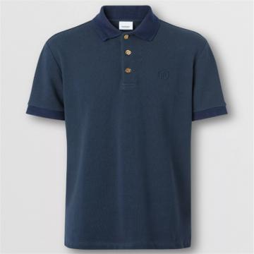 BURBERRY 80370941 男士海军蓝 纽扣装饰珠地网眼布棉质 Polo 衫