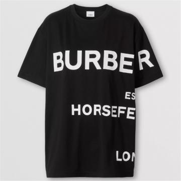 BURBERRY 80406941 男士黑色拼白色 Horseferry 印花棉质宽松 T恤衫