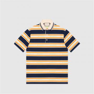 GUCCI 645258 男士蓝色拼白色 Gucci 提花条纹棉质 Polo 衫