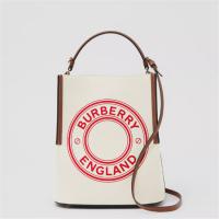 BURBERRY 80368231 女士自然色拼亮红色 小号徽标图案帆布佩格水桶包
