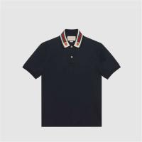 GUCCI 545714 男士深蓝色 饰条纹织带和虎头 polo 衫