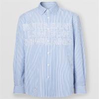 BURBERRY 80391091 男士皇家蓝色 徽标贴花条纹棉府绸衬衫