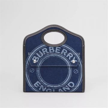 BURBERRY 80390901 女士深帆布蓝色 迷你徽标图案牛仔布拼牛皮口袋包