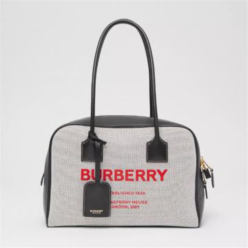 BURBERRY 80368531 女士黑色拼亮红色 Cube 中号 Horseferry 印花棉质帆布半立方包