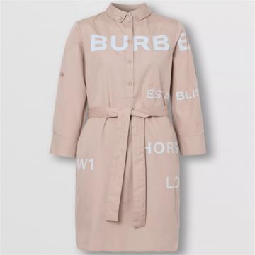 BURBRRY 80396141 女士柔黄褐色 Horseferry 印花棉质系腰衬衫式连衣裙