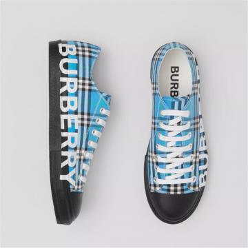 BURBERRY 80394991 男士湛蓝色 徽标印花格纹棉质运动鞋