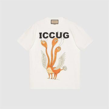 GUCCI 548334 男士白色 饰 Freya Hartas 创作的 ICCUG 动物印花 T恤