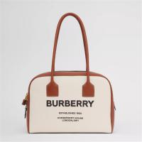 BURBERRY 80368541 女士棕褐色拼黑色 Cube 中号 Horseferry 印花棉质帆布半立方包