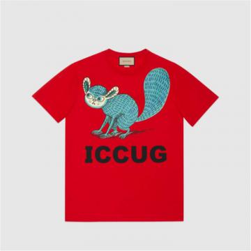 GUCCI 548334 男士红色 官网专享饰 Freya Hartas 创作的 ICCUG 动物印花 T恤