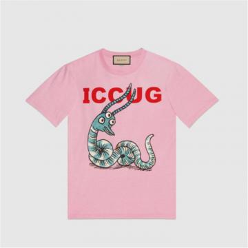 GUCCI 548334 男士粉色 官网专享饰 Freya Hartas 创作的 ICCUG 动物印花 T恤