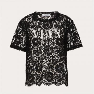 VALENTINO VB3MG10K6490NI 女士黑色 VLTN 蕾丝 T恤