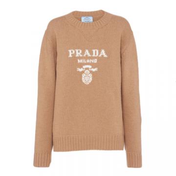 PRADA P24G1V 女士驼棕色 Prada 徽标装饰羊绒和羊毛圆领毛衣