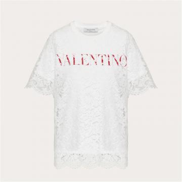 VALENTINO WB3MG13X6GFA33 女士白色 平纹针织和厚质蕾丝 T恤