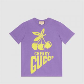 GUCCI 615044 女士浅紫色 “Cherry Gucci”印花棉质 T恤