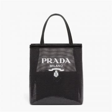 PRADA 1BG417 女士黑色 亮片装饰网眼小号托特包