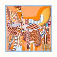 HERMES H003846S 女士橙色拼蓝色“幻想中的马鞍”90厘米方巾