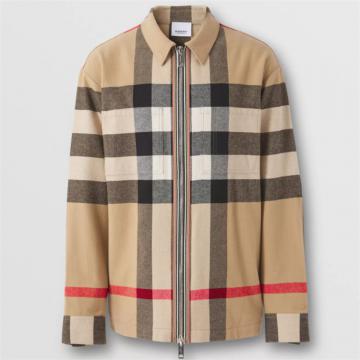 BURBERRY 80501351 男士典藏米色 格纹羊毛混纺拉链前襟衬衫