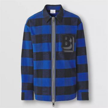 BURBEERY 80501361 男士海洋蓝 字母图案小方格棉质法兰绒拉链前襟衬衫