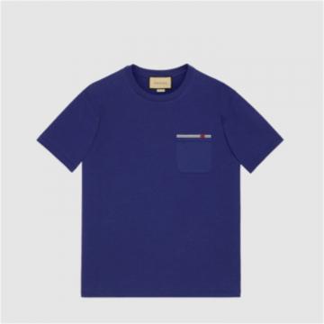GUCCI 673710 男士蓝色 刺绣棉质 T恤