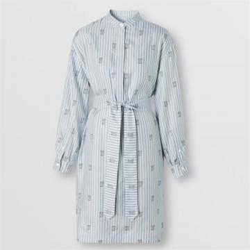 BURBERRY 80506341 女士浅蓝色 专属标识拼条纹丝质混纺衬衫式连衣裙