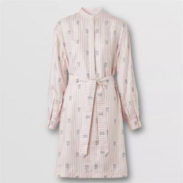 BURBERRY 80506351 女士雪花石粉红 专属标识拼条纹丝质混纺衬衫式连衣裙