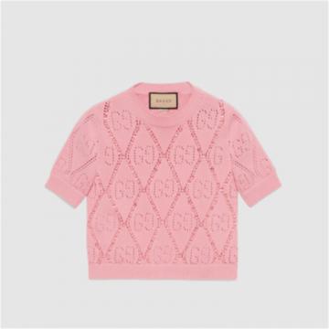 GUCCI 691710 女士粉色 饰珠粒 GG 棉针织 T恤