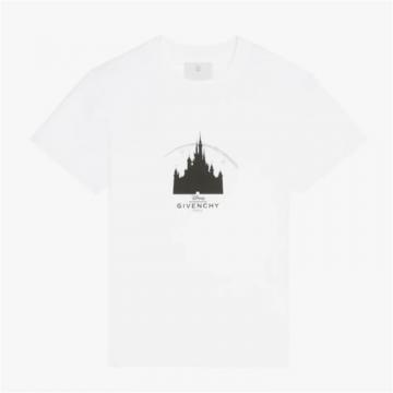 GIVENCHY BM71E93Y6B 男士白色 迪士尼城堡图案印花修身 T恤