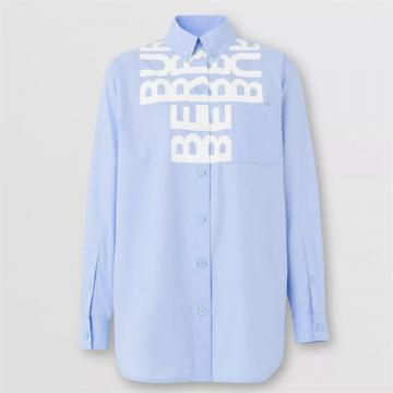 BURBERRY 80539891 女士浅瓷蓝 徽标印花棉质宽松牛津衬衫