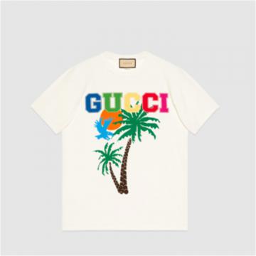 GUCCI 548334 男士白色 饰 Gucci 棕榈树印花针织棉 T恤