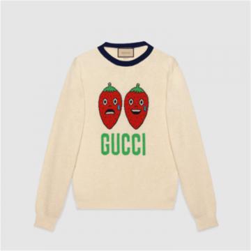 GUCCI 696583 男士象牙白色 Gucci 草莓嵌花羊毛毛衣