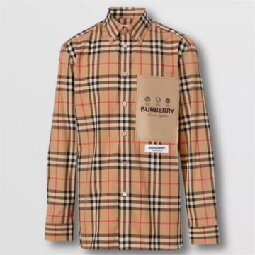 BURBERRY 80574611 男士典藏米色 标签贴花格纹棉府绸衬衫