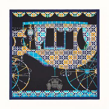 HERMES H003754S 女士黑色拼蓝色 “苏格兰漫游”90厘米方巾