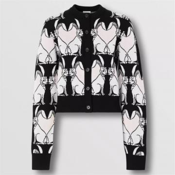 BURBERRY 80640391 女士黑色 兔子装饰粘胶纤维羊毛混纺提花开衫