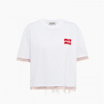 MIUMIU MJN414 女士白色 刺绣棉质散边 T恤