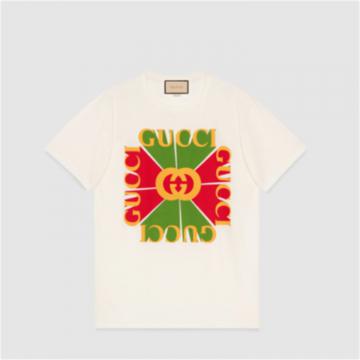GUCCI 717422 女士米白色 Gucci 复古标识印花棉 T恤