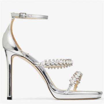 JIMMY CHOO 女士银色 BING SANDAL 105 水晶绑带液态金属感皮凉鞋