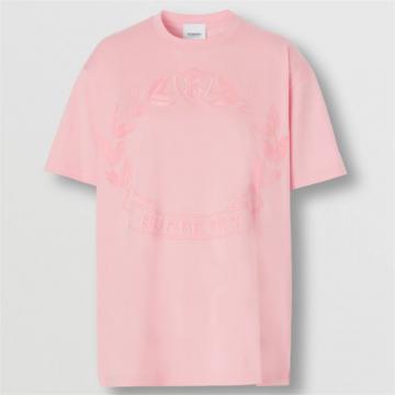 BURBERRY 80623421 女士糖果粉红色 橡树叶徽章棉质宽松 T恤衫 