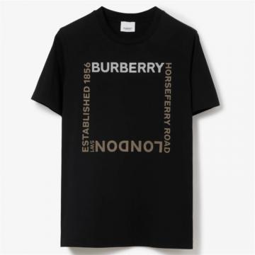 BURBERRY 80560481 女士黑色 Horseferry 方形印花棉质 T恤衫 