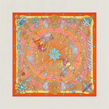 HERMES H983912S 女士橙色拼鎏金米色“星辰合唱曲”70厘米方巾