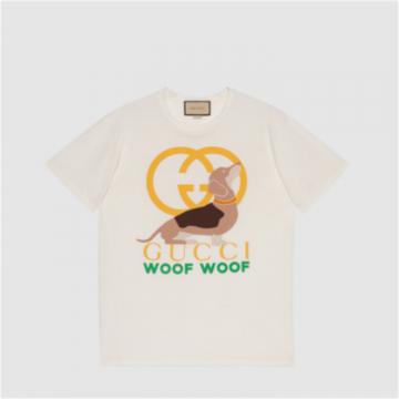 GUCCI 717422 女士白色 “Gucci Woof Woof”印花棉 T恤