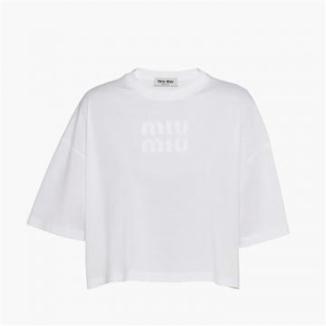 MIUMIU MJN385 女士白色 刺绣徽标装饰棉质平纹针织 T恤