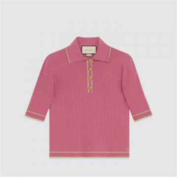 GUCCI 742976 女士粉色 互扣式 双G 人造丝 Polo衫