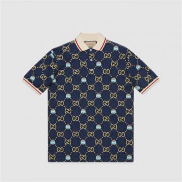 GUCCI 736083 男士蓝色 刺绣弹力棉 Polo衫