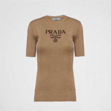 PRADA P24T1F 女士驼棕色 徽标丝质圆领毛衣