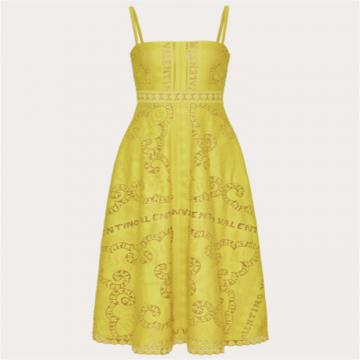 VALENTINO BVA2G57M9YSZ 女士黄色 棉质蕾丝迷笛长裙