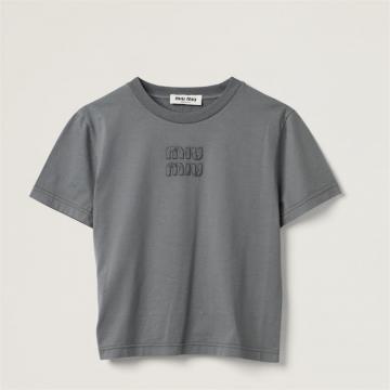 MIUMIU MJN467 女士铁灰色 成衣染色刺绣徽标针织 T恤 