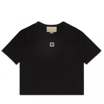 GUCCI 764971 女士黑色 饰水晶针织棉 T恤