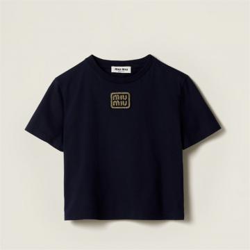 MIUMIU MJN483 女士海军蓝 平纹针织棉质 T恤